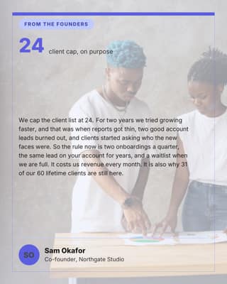 Why we cap clients: a founder note card social media template for agencies
