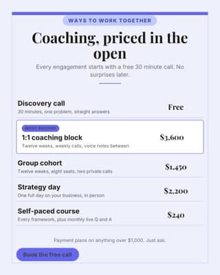 Coaching menu with prices: a price list menu social media template for coaches and consultants