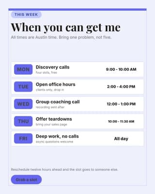 Office hours and calls: a schedule card social media template for coaches and consultants