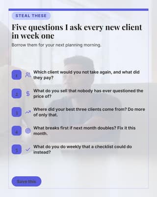 Five coaching questions: a tips list card social media template for coaches and consultants