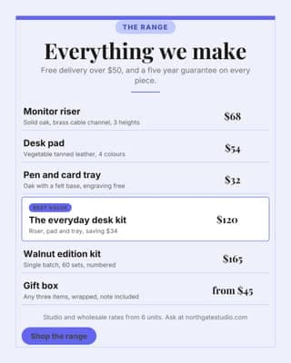 The range and prices: a price list menu social media template for ecommerce
