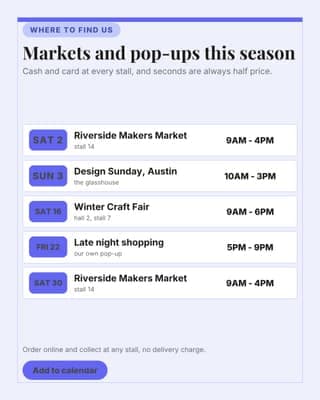 Market dates: a schedule card social media template for ecommerce