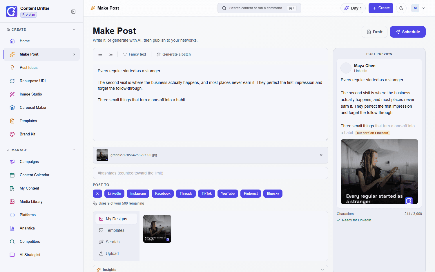 The Content Drifter composer with a written post, a live LinkedIn preview and every network selectable underneath.