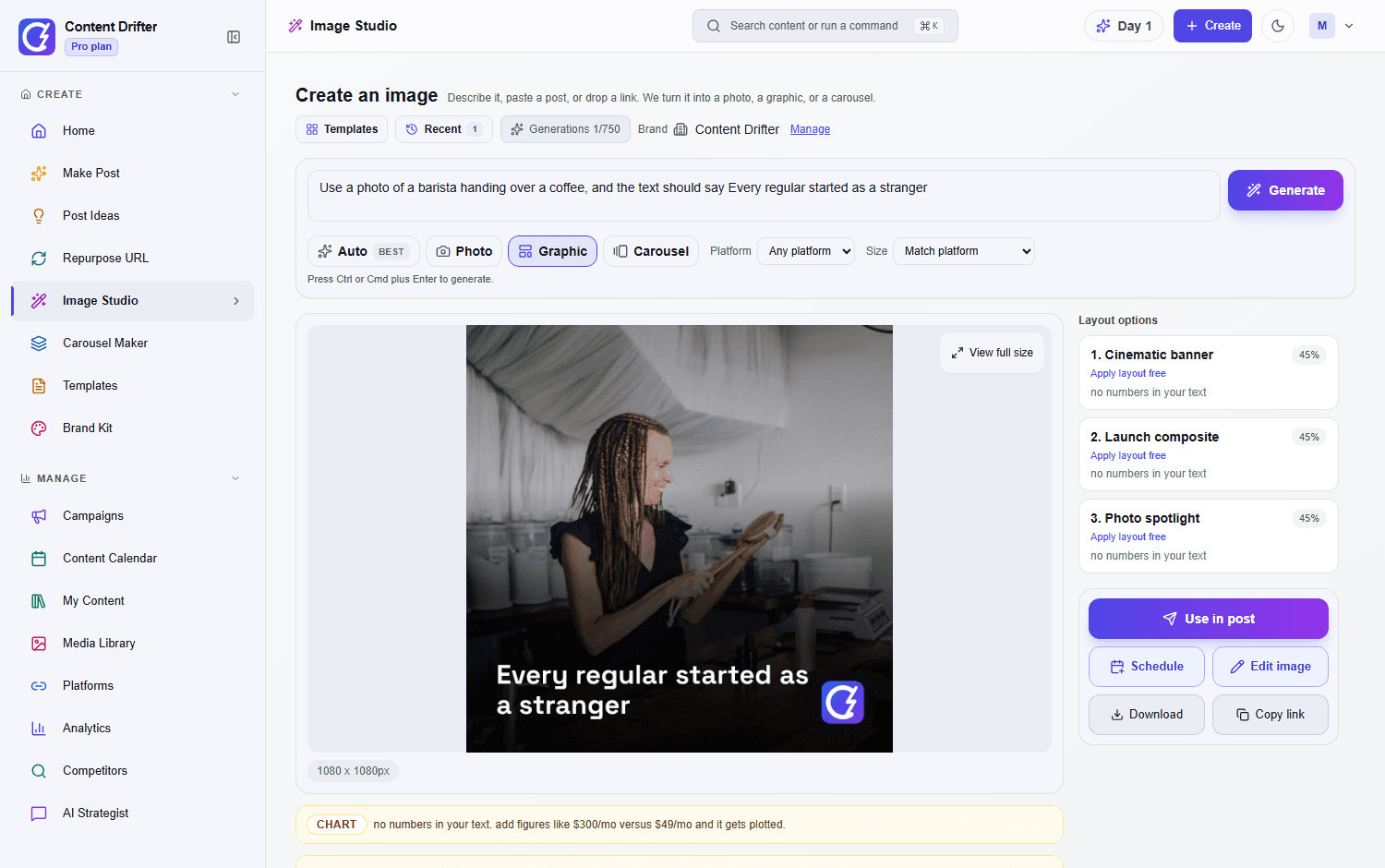 Image Studio showing the template gallery, layout picker and brand design presets.
