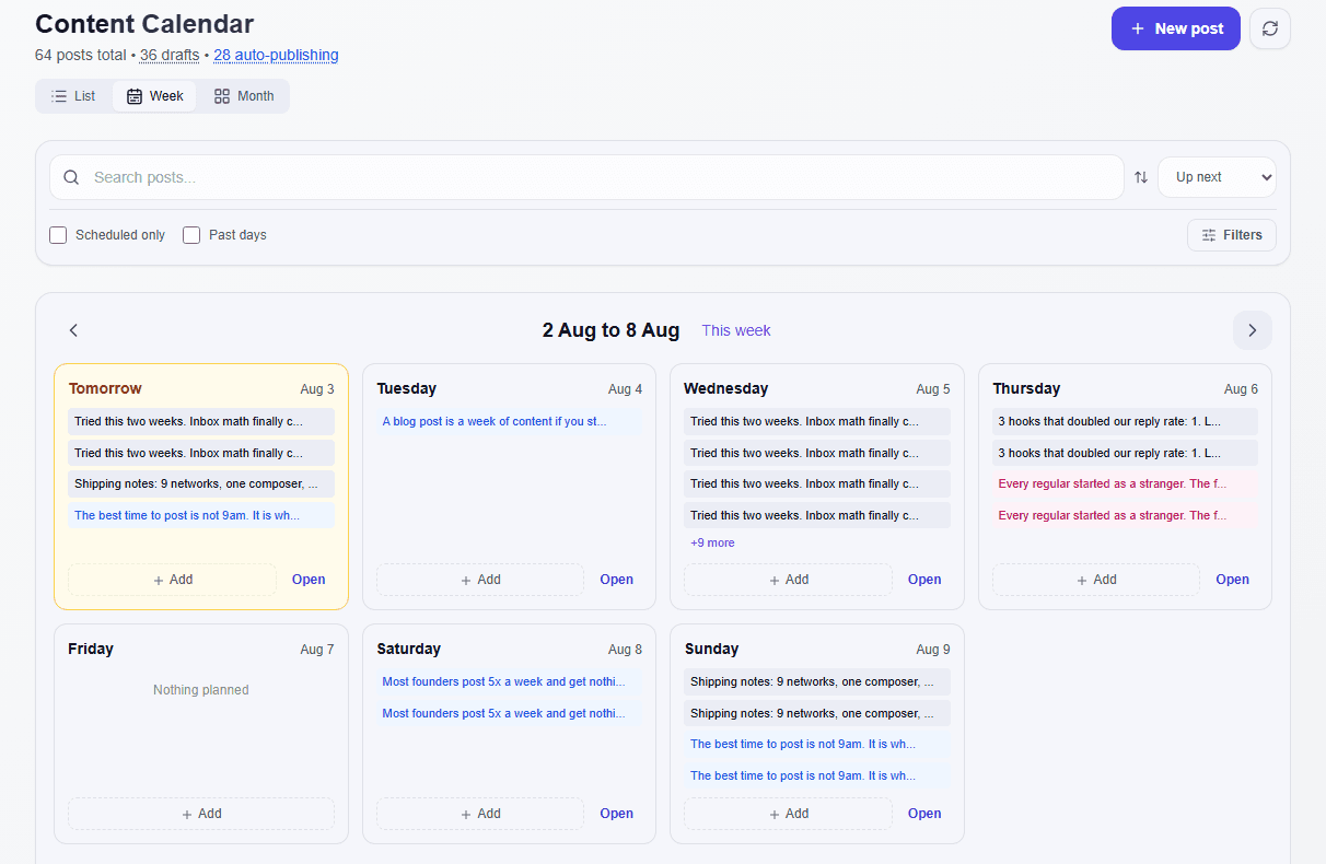 The content calendar week view with four posts scheduled for today and an auto-publishing count in the header.