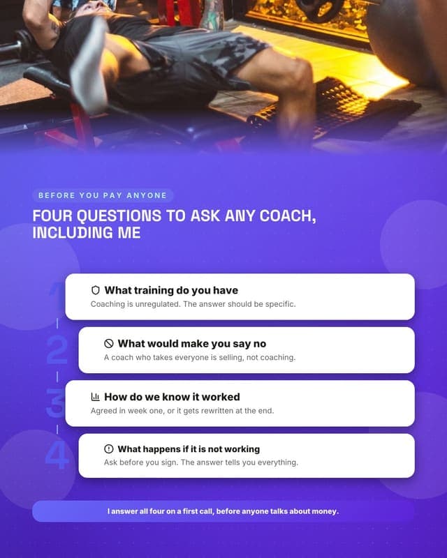 Questions to ask any coach: a numbered stack social media template for coaches and consultants