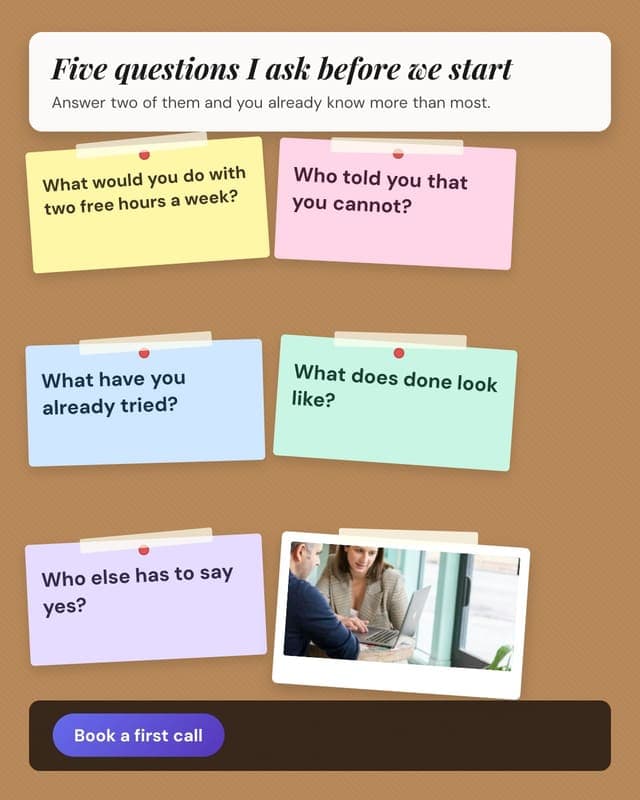 First-call questions: a sticky note board social media template for coaches and consultants