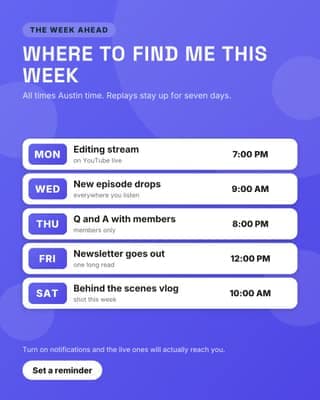 Live and upload week: a schedule card social media template for creators