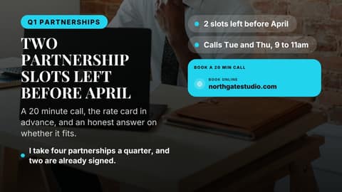 Partnership slots open: a 16:9 booking cta card template for X (Twitter)