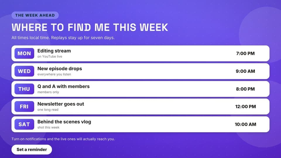 Live and upload week: a 16:9 schedule card template for X (Twitter)