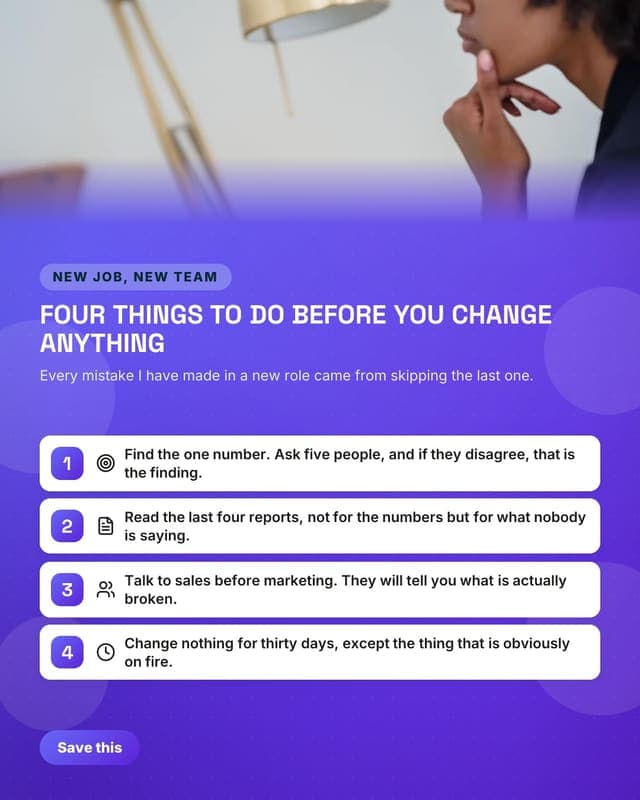 Your first week in a new role: a tips list card social media template for marketers
