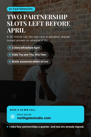 Partnership slots open: a 2:3 booking cta card template for Pinterest