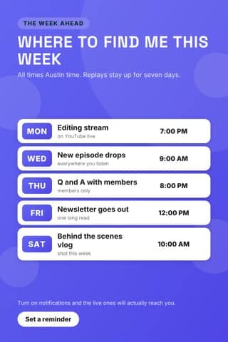 Live and upload week: a 2:3 schedule card template for Pinterest
