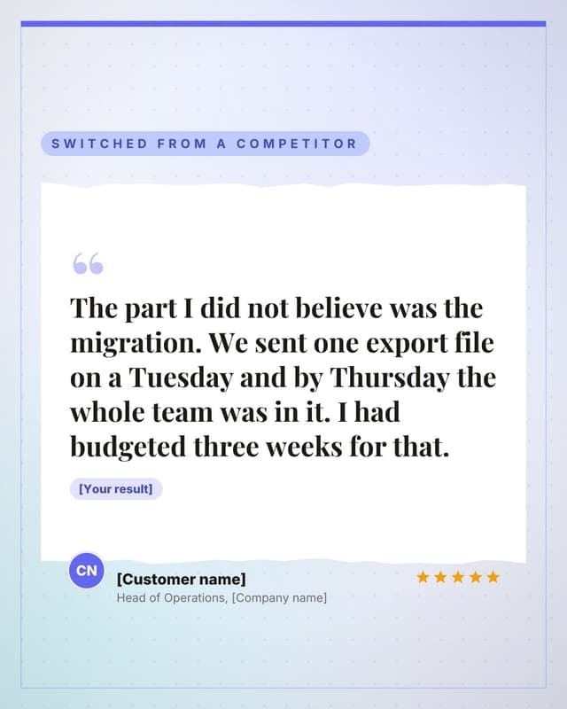 A customer, on switching: a torn paper quote social media template for saas