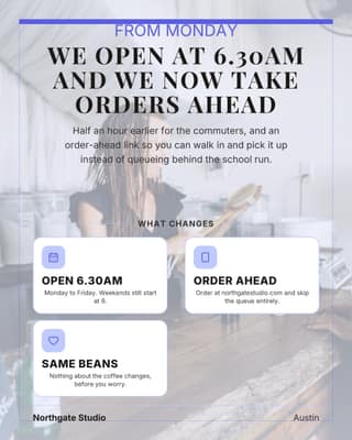 New hours or new location: a announcement card social media template for small business