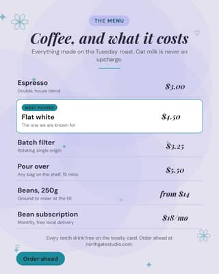 The menu with prices: a price list menu social media template for small business