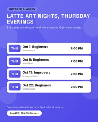 Classes and events: a schedule card social media template for small business
