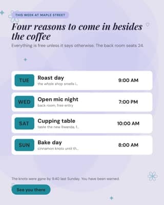 This week at the shop: a schedule card social media template for small business