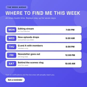 Live and upload week: a 1:1 schedule card template for Facebook