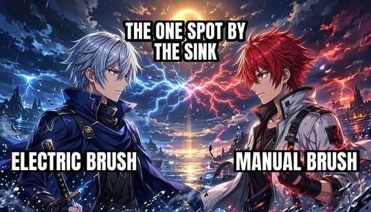 Anime Rivals Stare Down meme: Electric brush / The one spot by the sink / Manual brush
