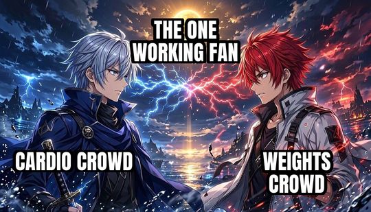 Anime Rivals Stare Down meme: Cardio crowd / The one working fan / Weights crowd