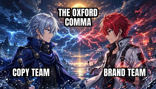 Anime Rivals Stare Down meme: Copy team / The Oxford comma / Brand team