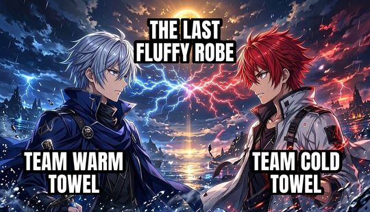 Anime Rivals Stare Down meme: Team Warm Towel / The last fluffy robe / Team Cold Towel