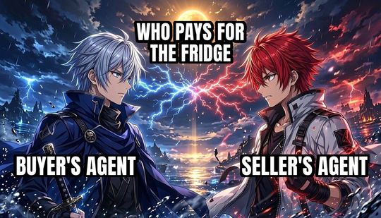 Anime Rivals Stare Down meme: Buyer's agent / Who pays for the fridge / Seller's agent