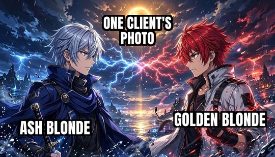Anime Rivals Stare Down meme: Ash blonde / One client's photo / Golden blonde