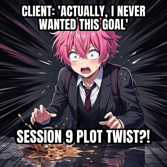 Shocked Anime Face meme: Client: 'Actually, I never wanted this goal' / SESSION 9 PLOT TWIST?!