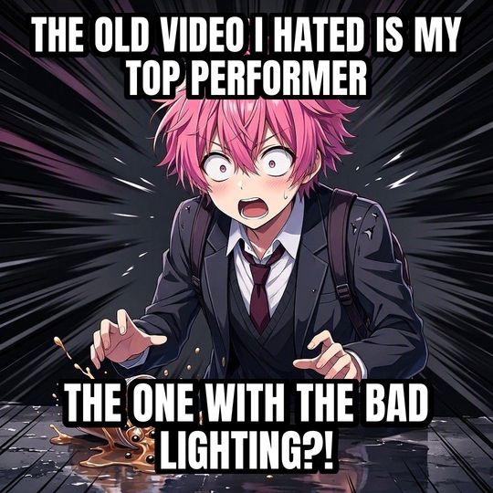 Shocked Anime Face meme: The old video I hated is my top performer / THE ONE WITH THE BAD LIGHTING?!