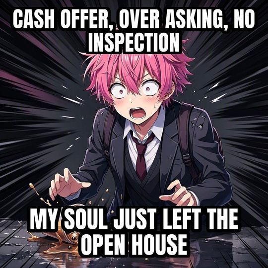 Shocked Anime Face meme: Cash offer, over asking, no inspection / My soul just left the open house