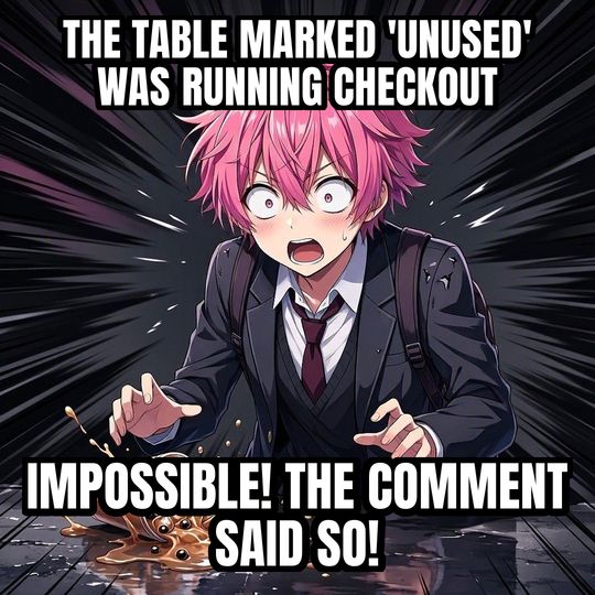 Shocked Anime Face meme: The table marked 'unused' was running checkout / Impossible! The comment said so!