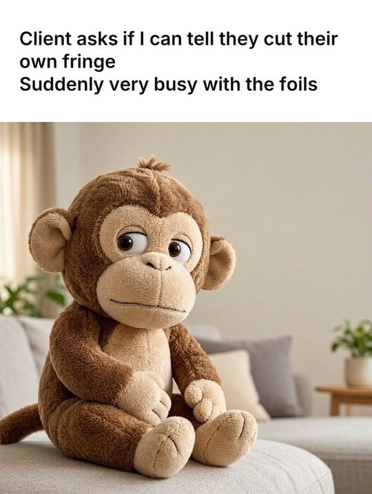 Monkey Puppet meme: Client asks if I can tell they cut their own fringe / Suddenly very busy with the foils