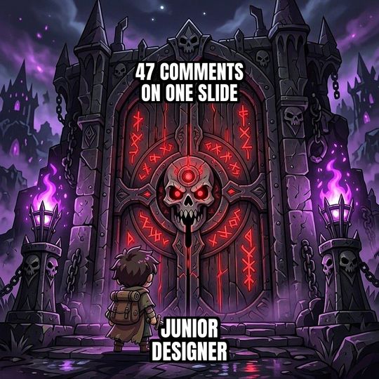 Final Boss Door meme: Junior designer / 47 comments on one slide