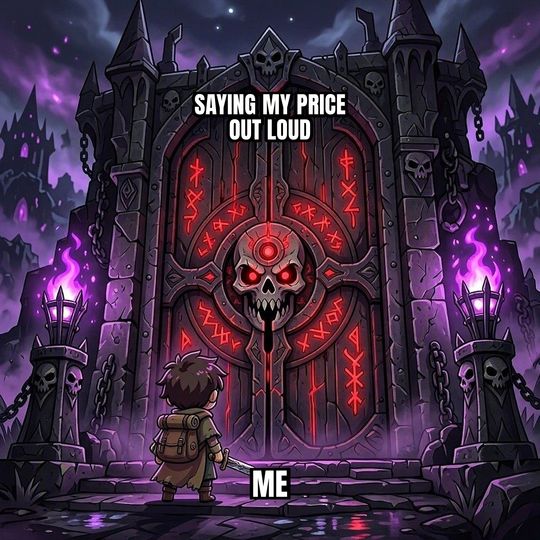 Final Boss Door meme: Me / Saying my price out loud