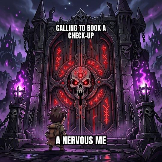Final Boss Door meme: A nervous me / Calling to book a check-up