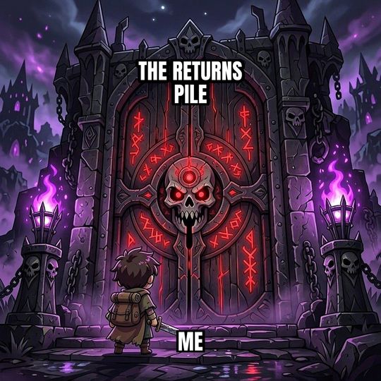 Final Boss Door meme: Me / The returns pile