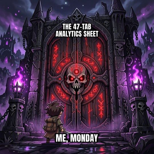 Final Boss Door meme: Me, Monday / The 47-tab analytics sheet