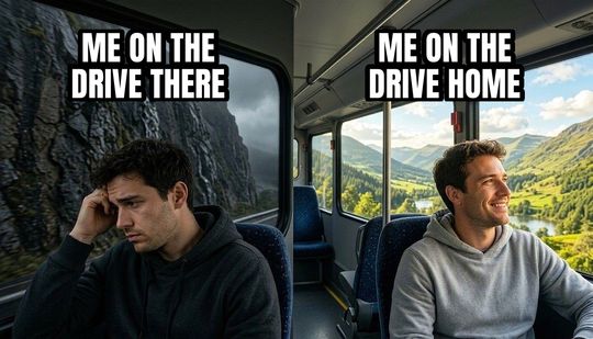 Two Guys on a Bus meme: Me on the drive there / Me on the drive home