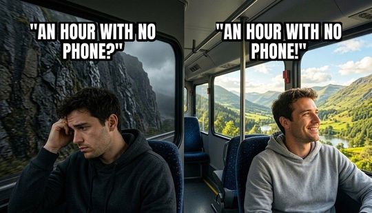 Two Guys on a Bus meme: "An hour with no phone?" / "An hour with no phone!"