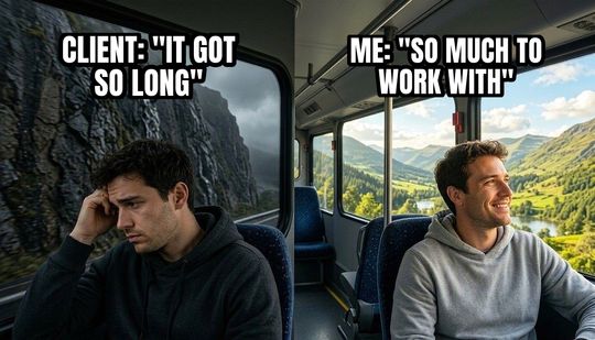 Two Guys on a Bus meme: Client: "it got so long" / Me: "so much to work with"