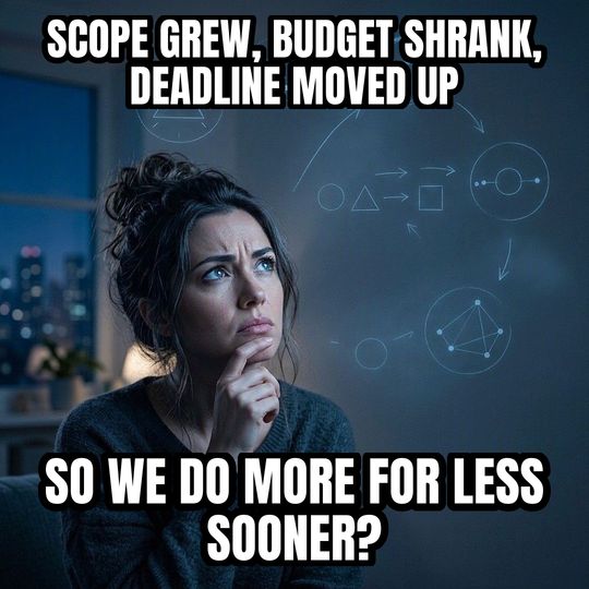 Math Lady meme: Scope grew, budget shrank, deadline moved up / So we do more for less sooner?
