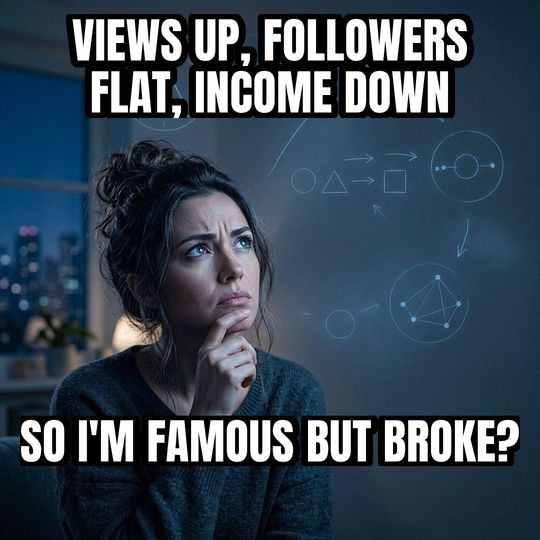 Math Lady meme: Views up, followers flat, income down / So I'm famous but broke?