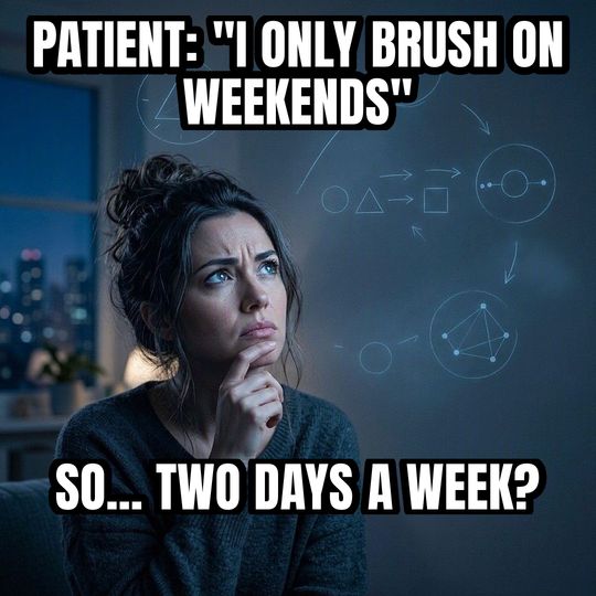 Math Lady meme: Patient: "I only brush on weekends" / So... two days a week?
