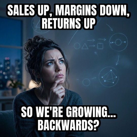 Math Lady meme: Sales up, margins down, returns up / So we're growing... backwards?