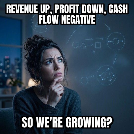 Math Lady meme: Revenue up, profit down, cash flow negative / So we're growing?