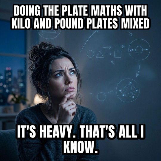 Math Lady meme: Doing the plate maths with kilo and pound plates mixed / It's heavy. That's all I know.