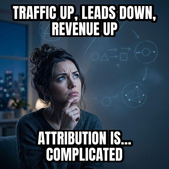 Math Lady meme: Traffic up, leads down, revenue up / Attribution is... complicated