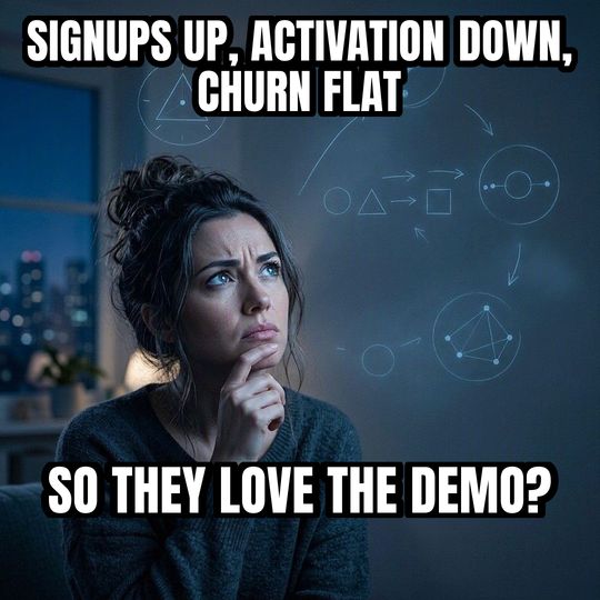 Math Lady meme: Signups up, activation down, churn flat / So they love the demo?